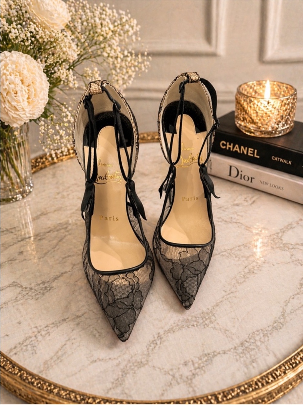 Christian Louboutin Hot Jeanbi 100 Lace Satin Pumps EU 36.5 Authenticated